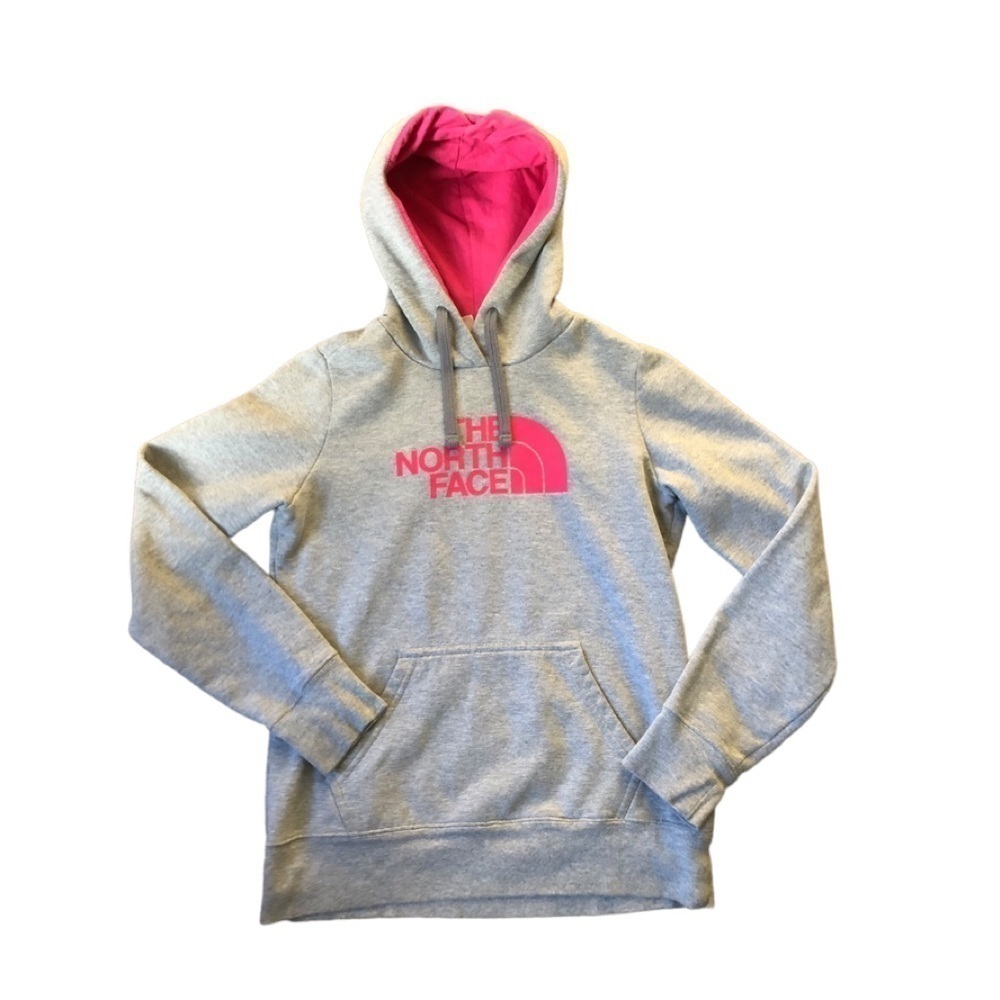 The North Face Gray Hoodie Pink Graphics Pouch Pocket Casual Outerwear Stretch S